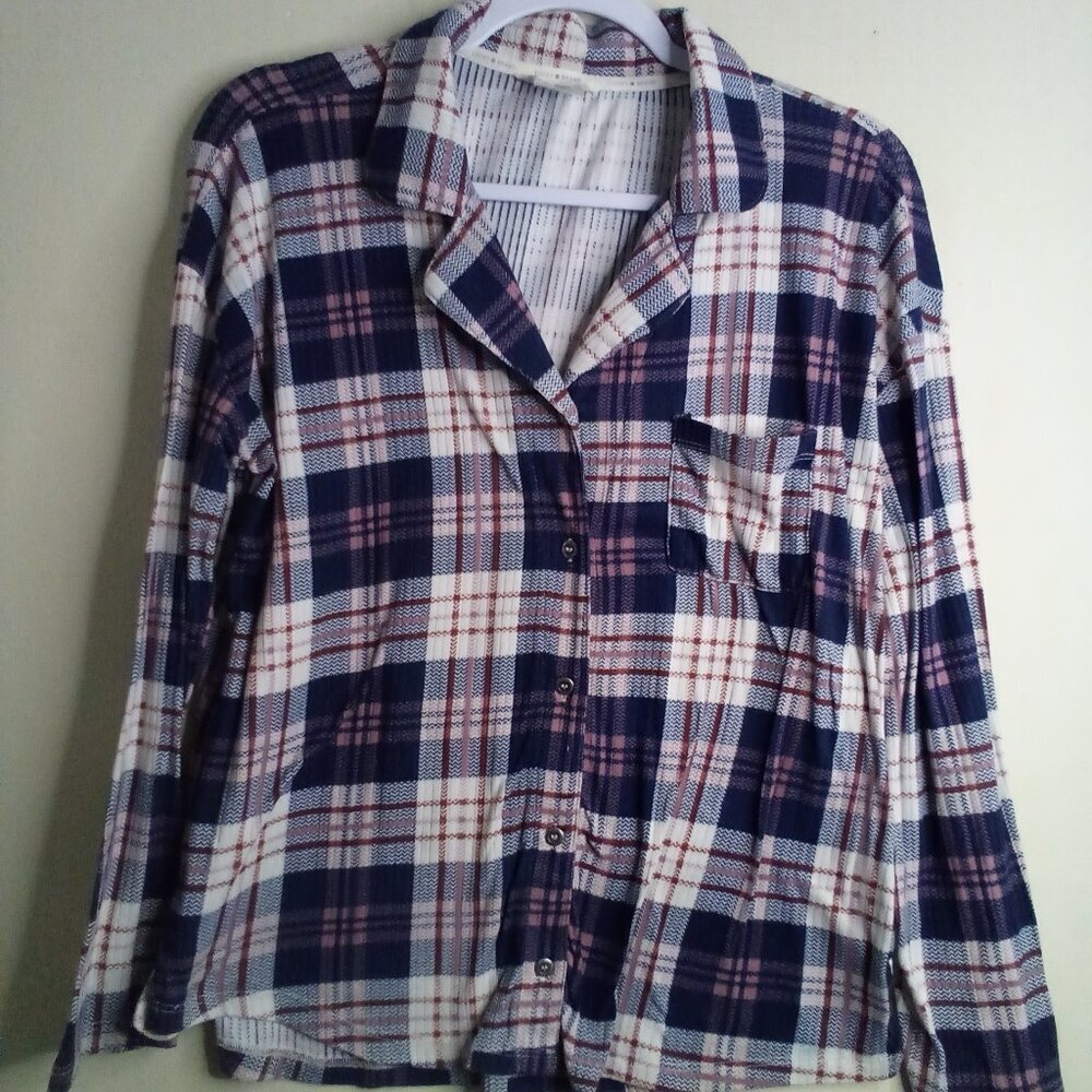 Lucky Brand Shirt Women M Long Sleeve Soft Pocket Plaid Blue Pink